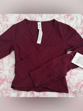 NWT lululemon burgundy bay heart long sleeve wrap top size XXS